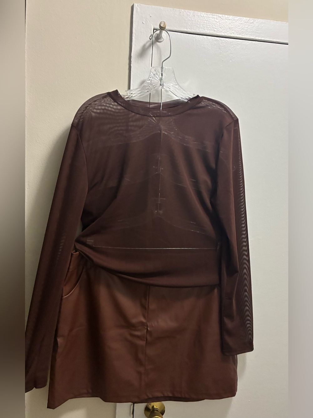 2 Piece Brown Long Sleeve Top and Faux Leather Skirt Set
